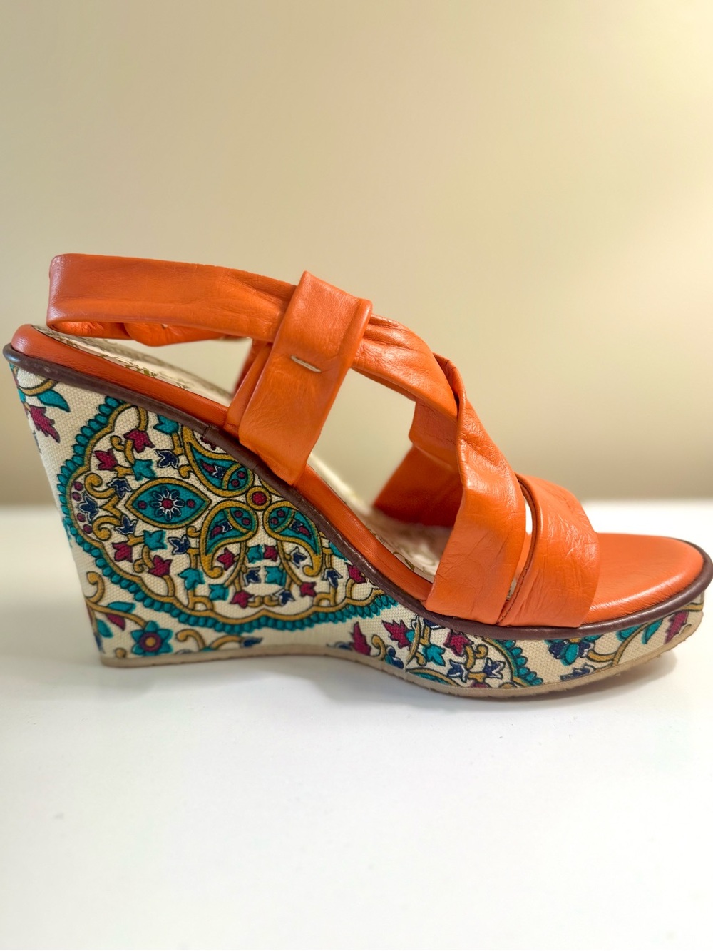 Orange Tapestry Patterned-Platform Wedge Sandals with Cross Straps- Size 8 - Picture 7 of 12